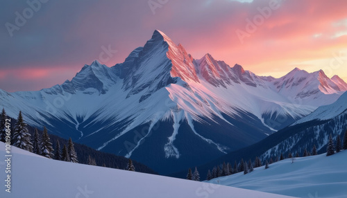 Majestic Snow-Capped Peaks at Sunrise: A Winter Wonderland Landscape