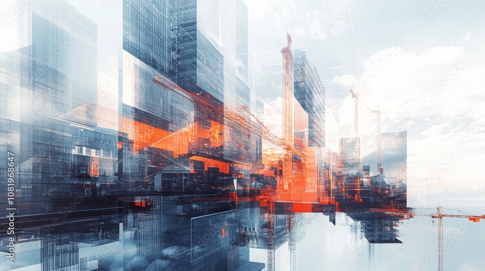 Obraz premium future building construction engineering project concept with double exposure graphic design Building engineer, architect people or construction worker working with modern civil equipment technology