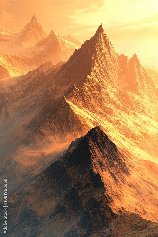 Fototapeta premium breathtaking, high-detail image of a mountain range with a warm sunrise casting golden hues across the landscape, ideal for nature and travel themes.