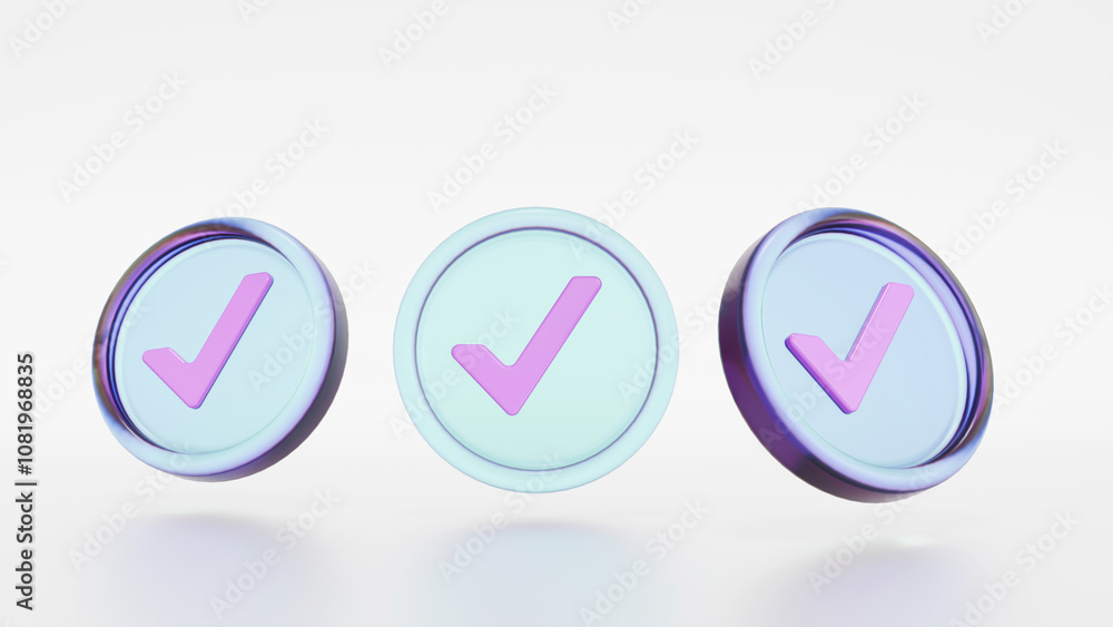 Checking icons. glass morphism check icon three view angle colorful gradient the glass. Background 3d render Checking icons. glass morphism check icon three view angle colorful gradient the glass. Background 3d render
