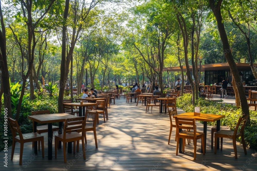 Fototapeta premium Outdoor cafe with wooden tables and chairs.