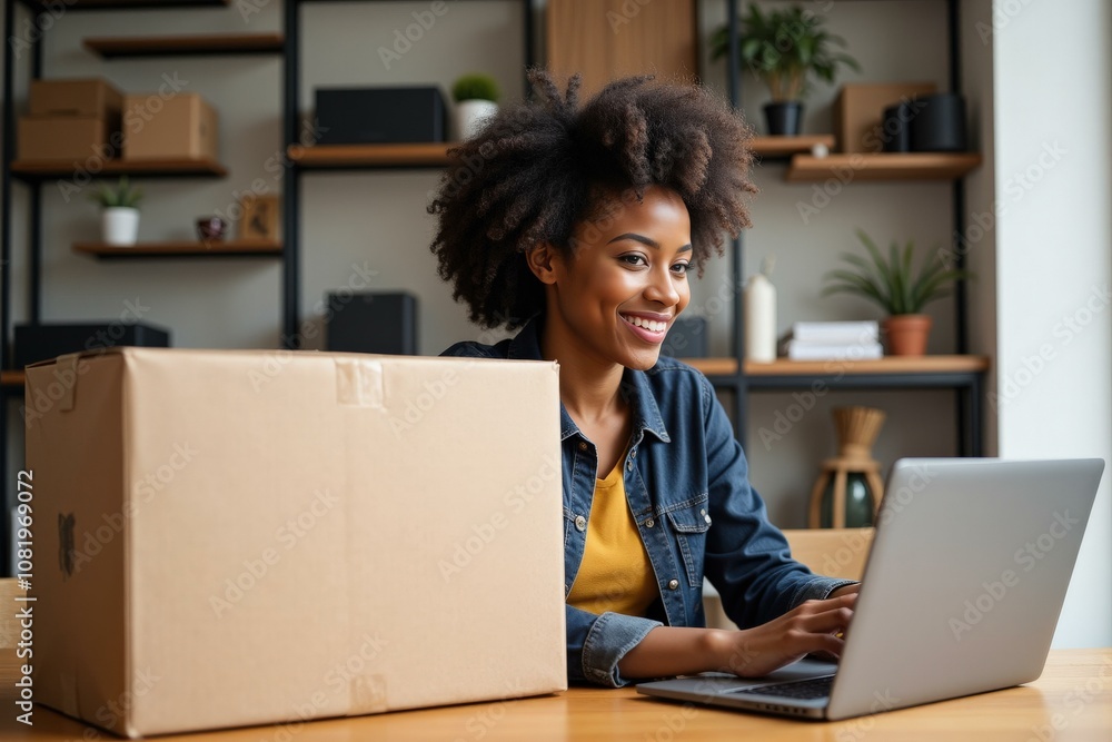 Smiling Woman Working Remotely with Laptop and Moving Boxes in Modern Home Office, Perfect for Business and Lifestyle Stock Photos Smiling Woman Working Remotely with Laptop and Moving Boxes in Modern Home Office, Perfect for Business and Lifestyle Stock Photos