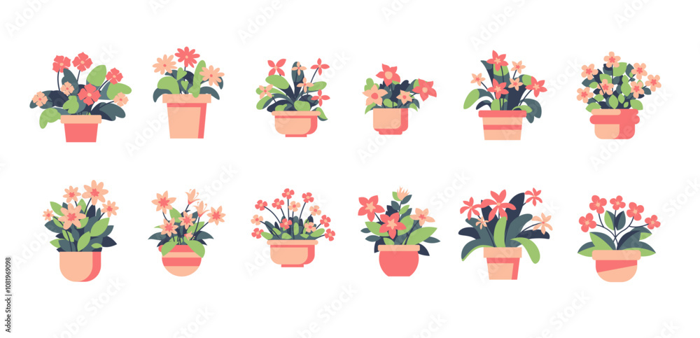 Naklejka premium House plants in flowerpot vector set, collection of potted plant, cute flower plant vector set