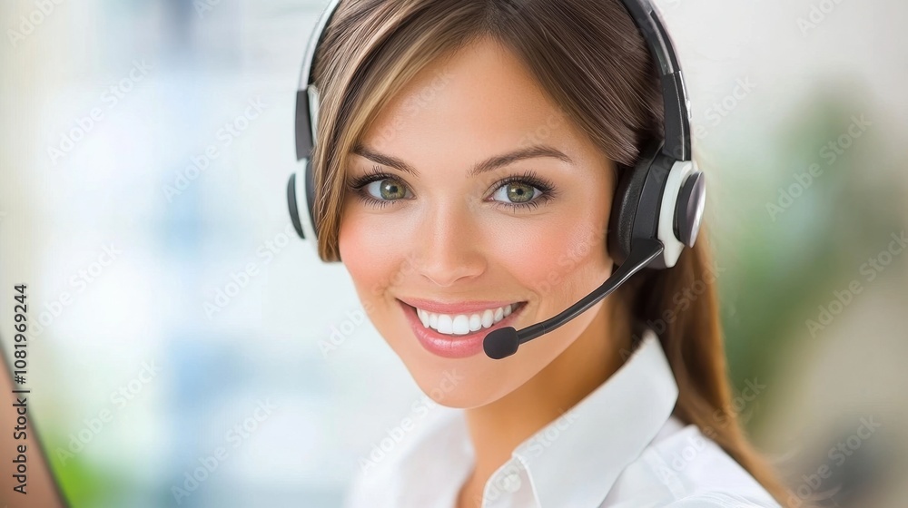 Friendly Female Customer Service Representative Smiling and Wearing Headset While Working in Modern Office Environment with Laptop and Professional Attire Friendly Female Customer Service Representative Smiling and Wearing Headset While Working in Modern Office Environment with Laptop and Professional Attire