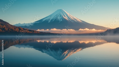 Mount Fuji Reflecting in a Still Lake at Dawn