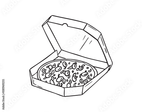 Hand drawn doodle box of pizza. Sketch Open pizza box. Drawing Pizza in cardboard box. Delivery vintage element.
