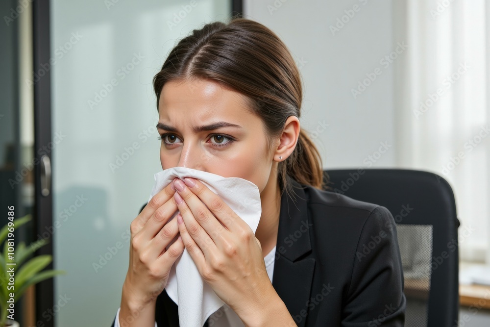 Professional Woman in Office Setting Sneezing into Tissue, Perfect for Health Awareness Campaigns, Advertisements, and Workplace Safety Materials Professional Woman in Office Setting Sneezing into Tissue, Perfect for Health Awareness Campaigns, Advertisements, and Workplace Safety Materials