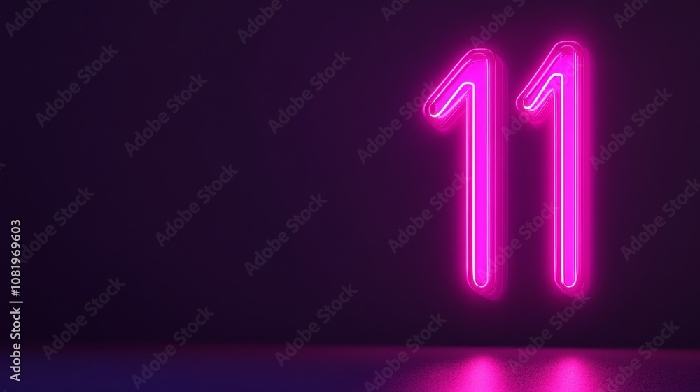 Number 11, Pink Neon Sign on Dark Background, Rendered Three-Dimensional Digital Illustration. Number 11, Pink Neon Sign on Dark Background, Rendered Three-Dimensional Digital Illustration.