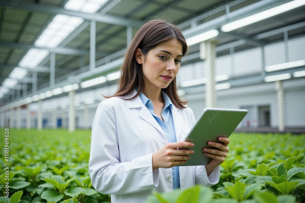 Scientist in Greenhouse Examining Plants with Digital Tablet: Modern Agriculture Technology and Research Scientist in Greenhouse Examining Plants with Digital Tablet: Modern Agriculture Technology and Research