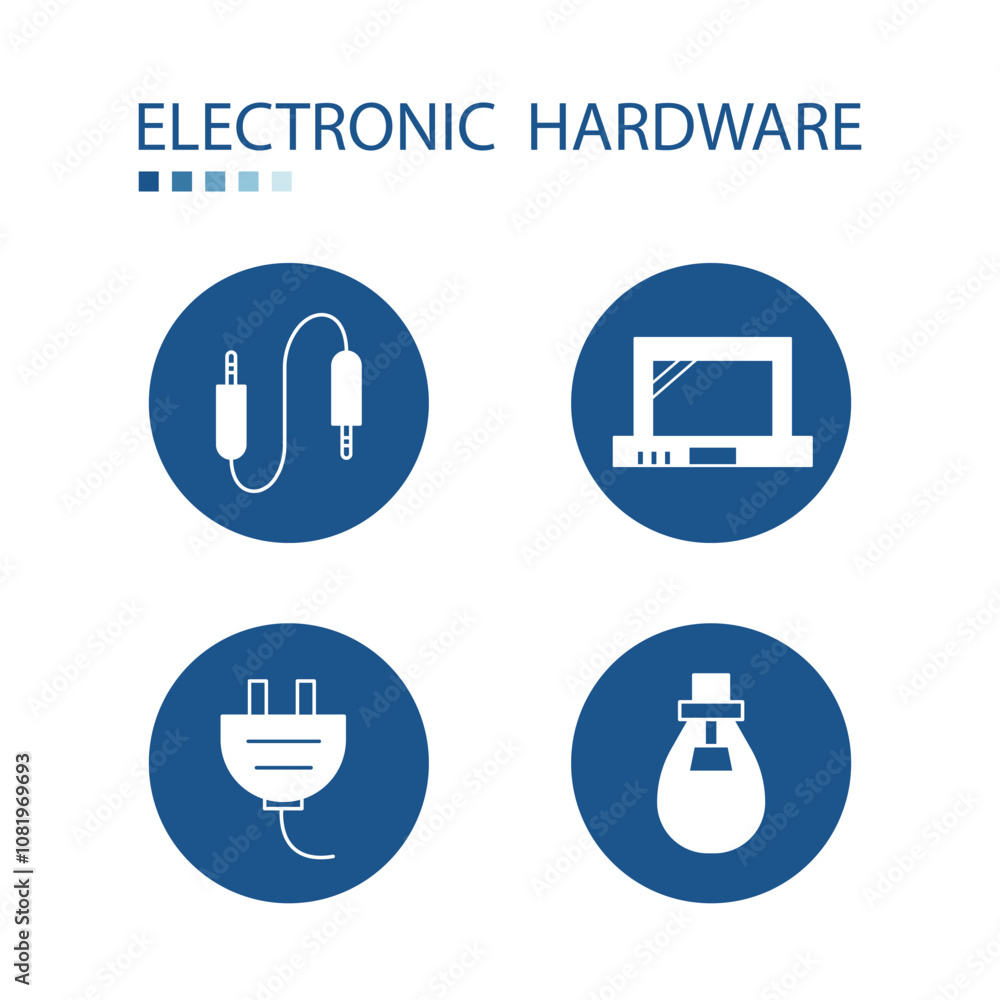 Symbol of electronics hardware icons such as notebook. Icons on blue circle shape. Electronics supplement illustration. Symbol of electronics hardware icons such as notebook. Icons on blue circle shape. Electronics supplement illustration.