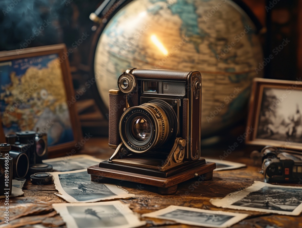 An old camera rests on a table with vintage photos, evoking nostalgic stories of adventures.