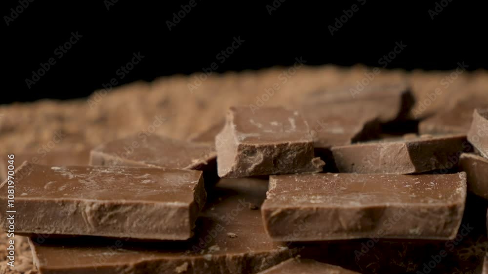Milk chocolate pieces on a black background, rotation on black background Milk chocolate pieces on a black background, rotation on black background