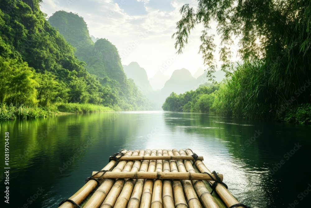 Bamboo raft on tranquil river with misty mountains. Bamboo raft on tranquil river with misty mountains.