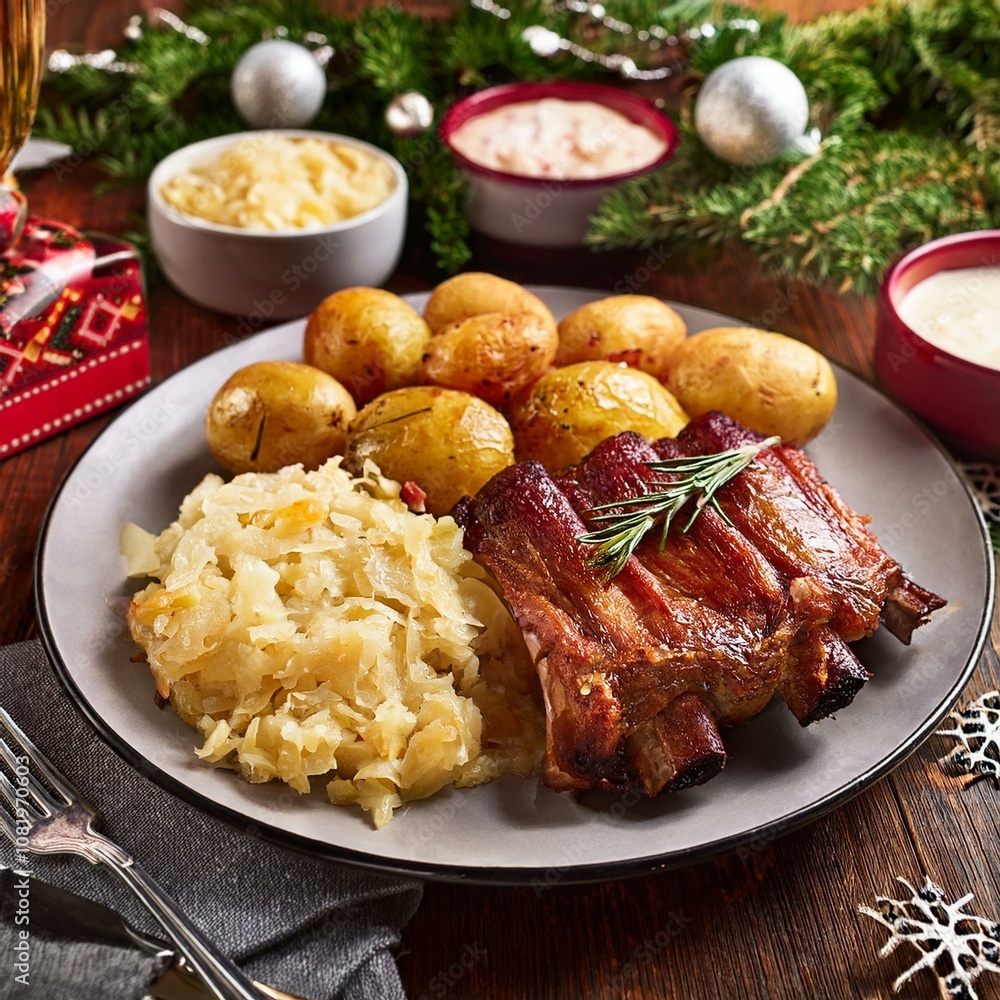 Norwegian Christmas dinner spread with ribbe (pork ribs), sauerkraut, and potatoes Norwegian Christmas dinner spread with ribbe (pork ribs), sauerkraut, and potatoes