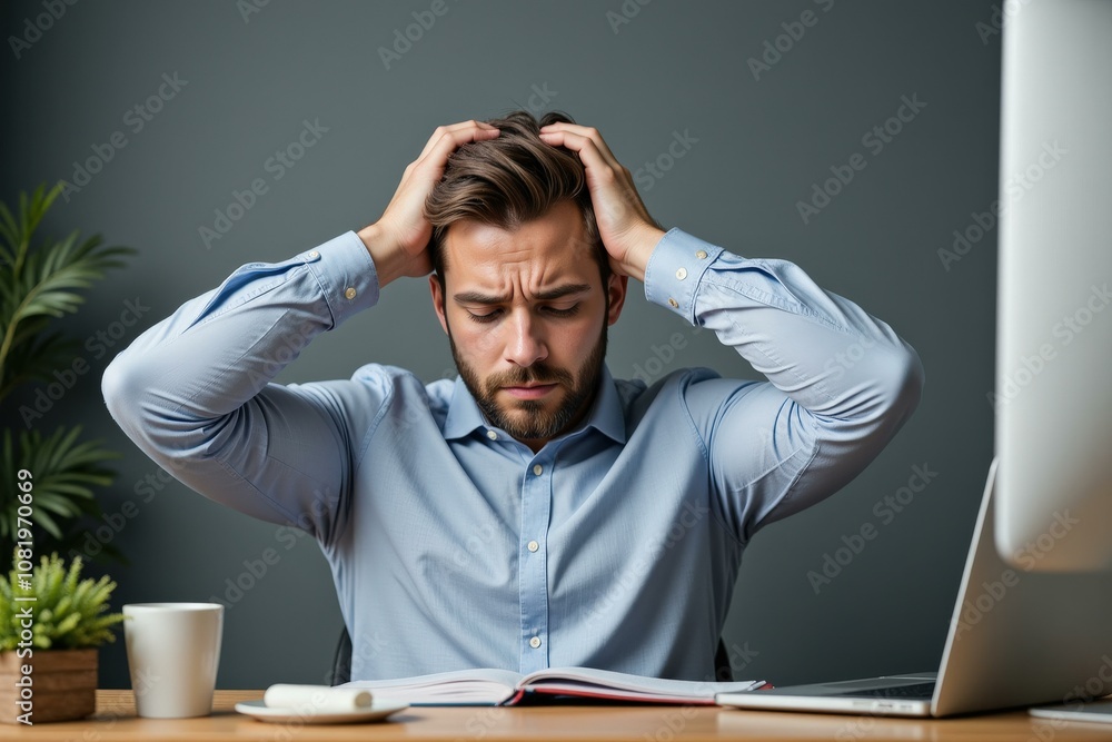Stressed Businessman at Desk with Laptop and Coffee Cup, Blue Shirt, Frustrated Expression, Office Work, Plant Decor, Modern Workspace Stressed Businessman at Desk with Laptop and Coffee Cup, Blue Shirt, Frustrated Expression, Office Work, Plant Decor, Modern Workspace
