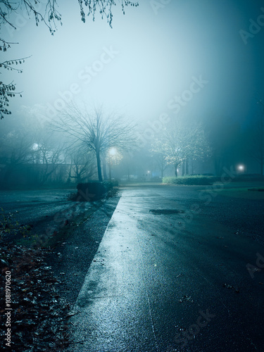 A quiet street is enveloped in fog, illuminated dimly by streetlights, creating a mysterious and tranquil nighttime atmosphere.