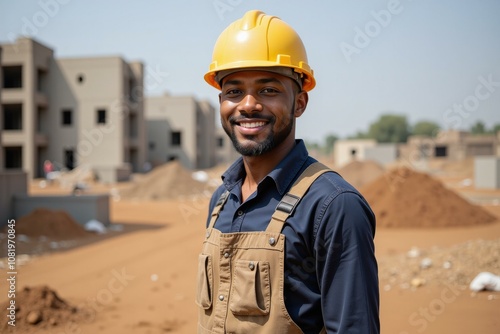 Professional Construction Worker in Hard Hat Smiling at Building Site, Ideal for Safety and Industry Themed Projects photo