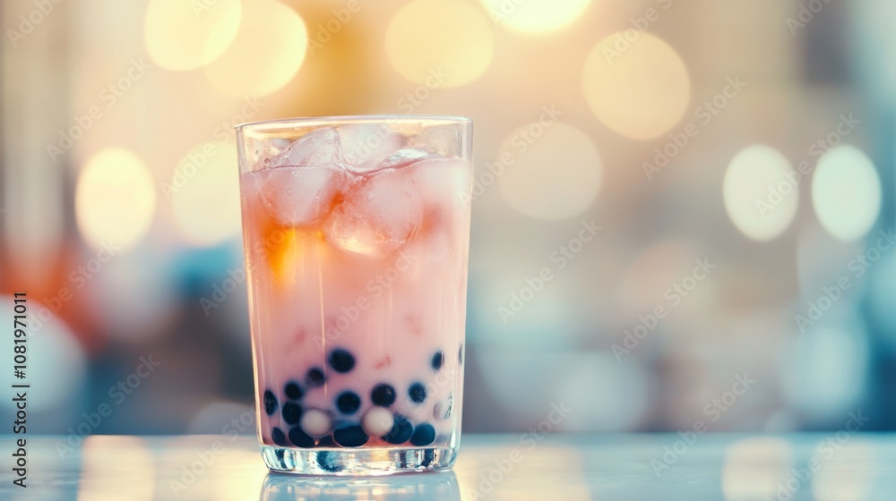 Refreshing bubble tea with vibrant colors and ice cubes in a transparent glass, showcasing boba pearls against a soft, blurred background of lights Refreshing bubble tea with vibrant colors and ice cubes in a transparent glass, showcasing boba pearls against a soft, blurred background of lights