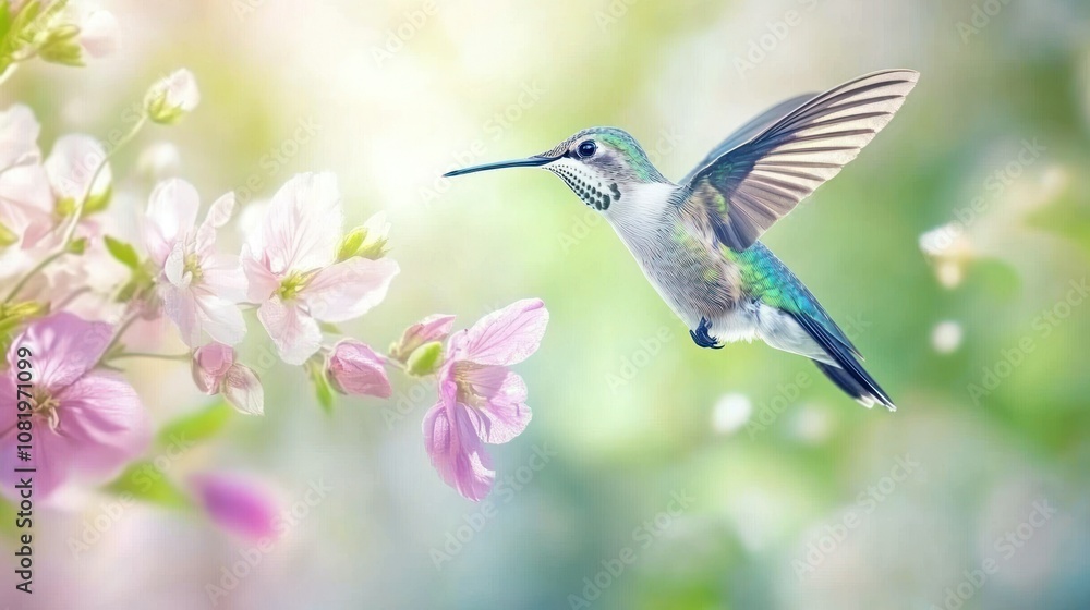 Hummingbird in Flight with Pink Flowers and a Softly Blurred Background Hummingbird in Flight with Pink Flowers and a Softly Blurred Background