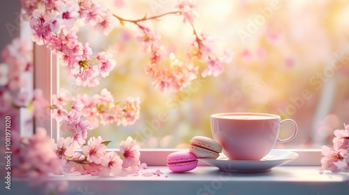 Tranquil Spring Morning with Cherry Blossoms, a Cup of Tea, and Colorful Macarons on a Sunlit Windowsill