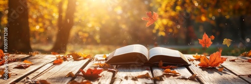 Autumn Leaves and an Open Book on a Wooden Table
