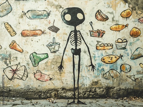 Skeletal Figure Among Graffiti of Food Symbolizing Hunger and Unattainable Nourishment photo