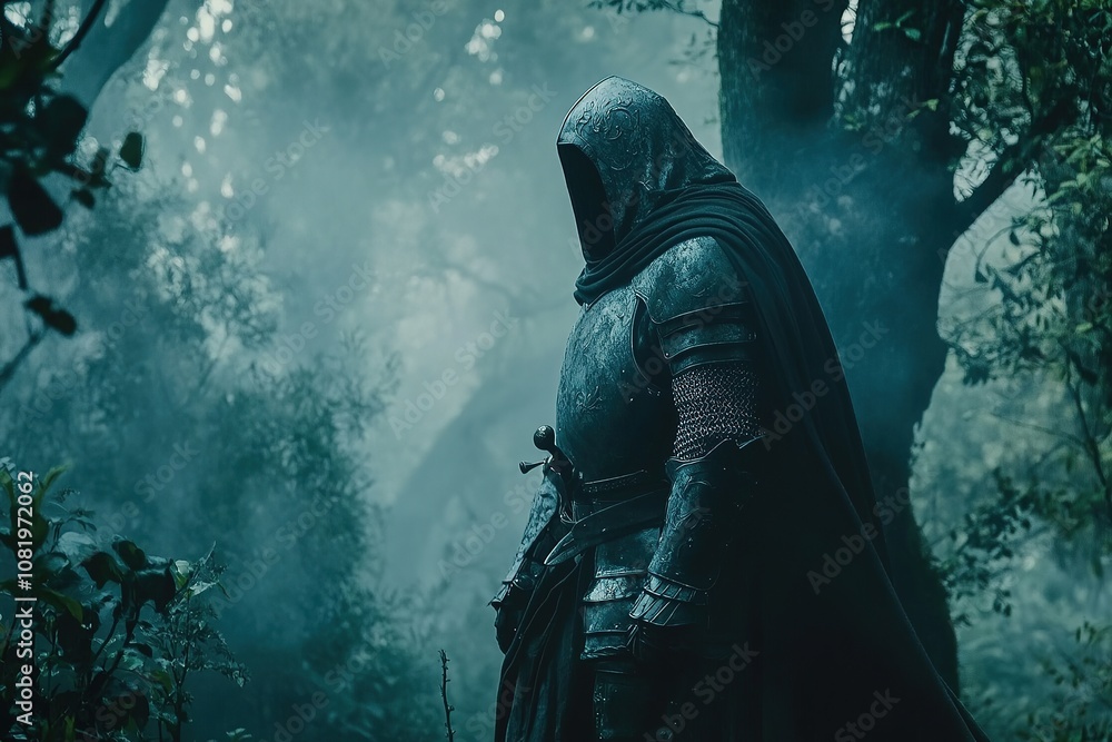 Hooded Knight in Armor in Foggy Forest. Hooded Knight in Armor in Foggy Forest.
