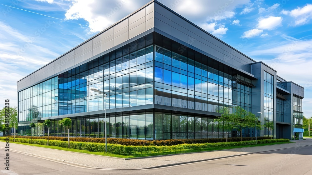 Sleek corporate building facade with reflective glass Sleek corporate building facade with reflective glass