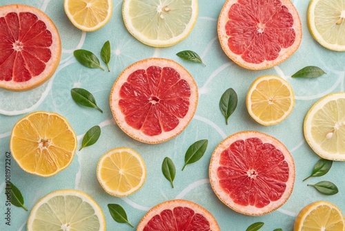 Vibrant Grapefruit and Lemon Pattern on a Soft Pastel Background for Fresh and Cheerful Design Projects