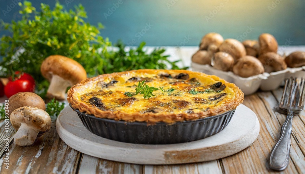 Golden Baked Mushroom and Cheese Quiche with a Buttery Crust, Captured in a Bright Home Kitchen with a Rustic Wooden Table and Fresh Herb Garnishes Golden Baked Mushroom and Cheese Quiche with a Buttery Crust, Captured in a Bright Home Kitchen with a Rustic Wooden Table and Fresh Herb Garnishes