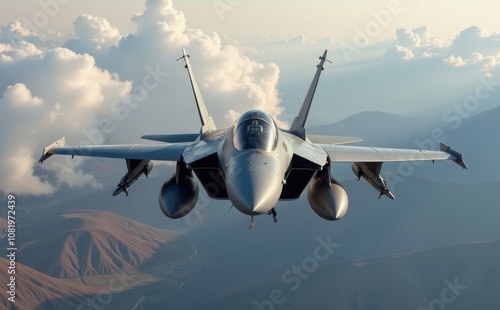 Air force fighter jet plane in full flight.F-14 jet fighter on an aircraft carrier deck viewed from front