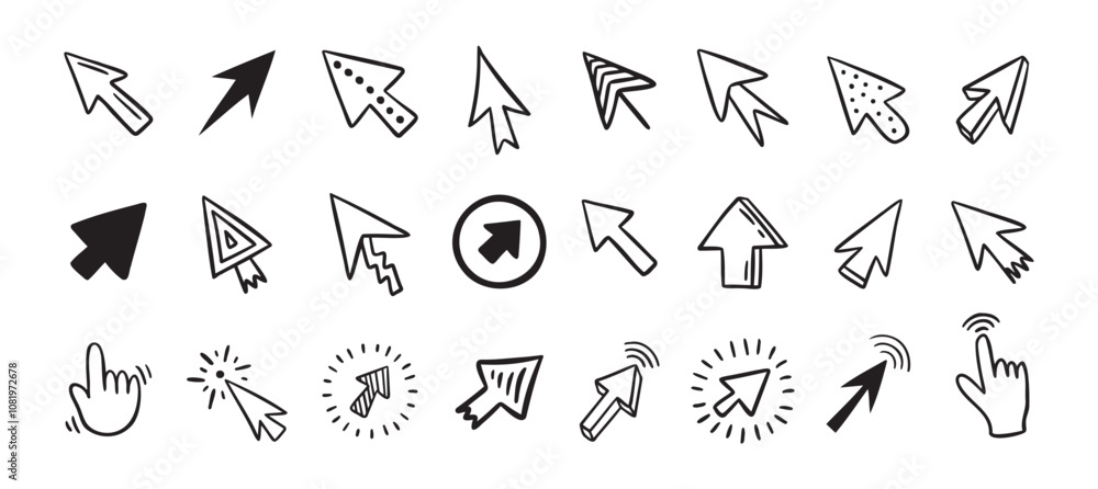 Cursor doodle icon set. Click cursor hand drawn set. Isolated mouse cursor Cursor doodle icon set. Click cursor hand drawn set. Isolated mouse cursor