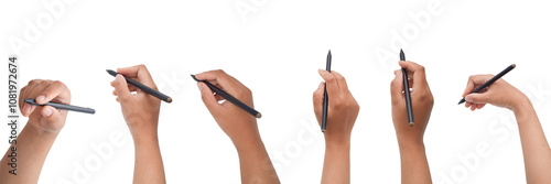 Hands holding stylus in various angles. digital graphic pen and drawing, isolated on transparent background