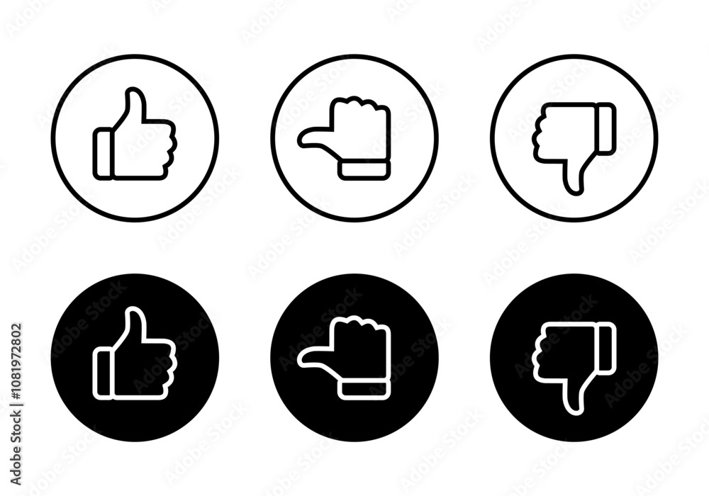 Like, neutral, and dislike thumb line icon on black circle. Feedback outline sign symbol Like, neutral, and dislike thumb line icon on black circle. Feedback outline sign symbol