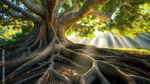 Majestic tree with sprawling roots and sun
