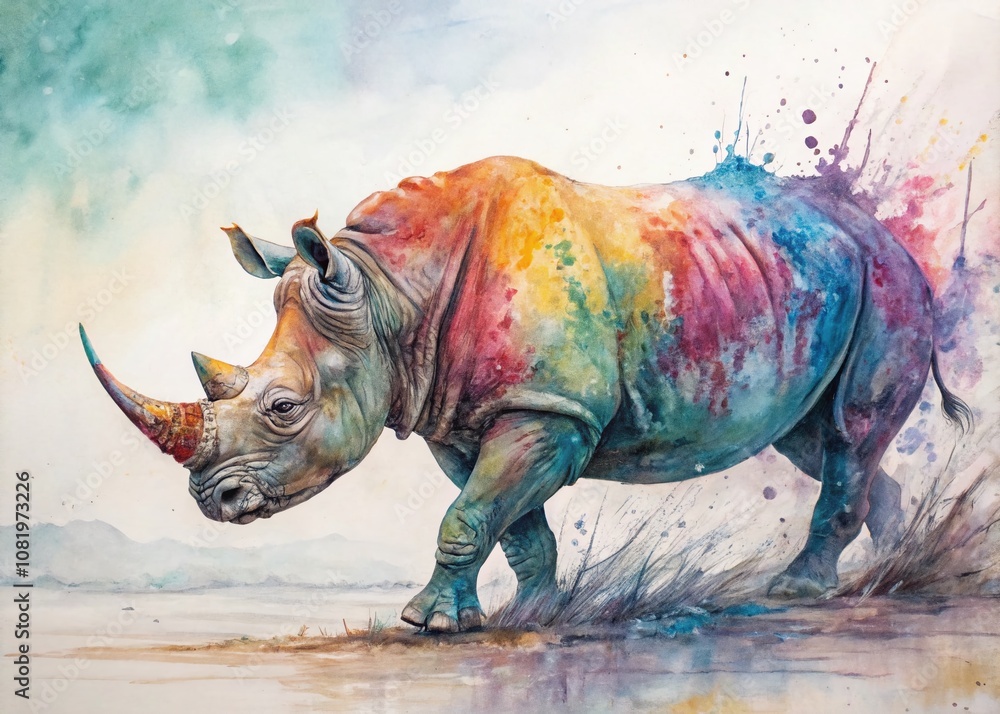 Fototapeta premium Vibrant Long Exposure of a Colorful Rainbow Watercolor Rhino Painting Capturing Artistic Expression and Nature's Beauty in a Stunning Abstract Artwork