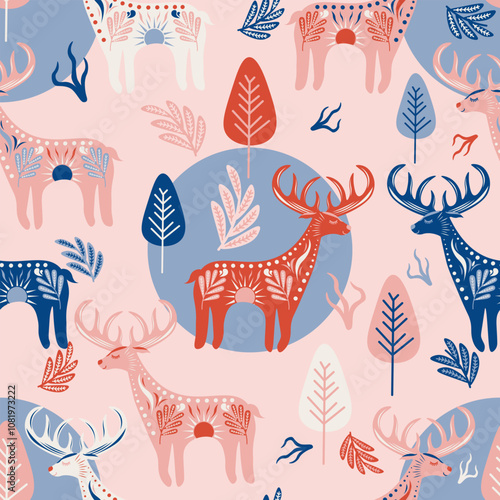 Folk Art Animal Seamless Pattern