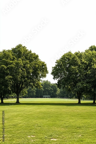 Green field, two trees, goalpost, forest in background.