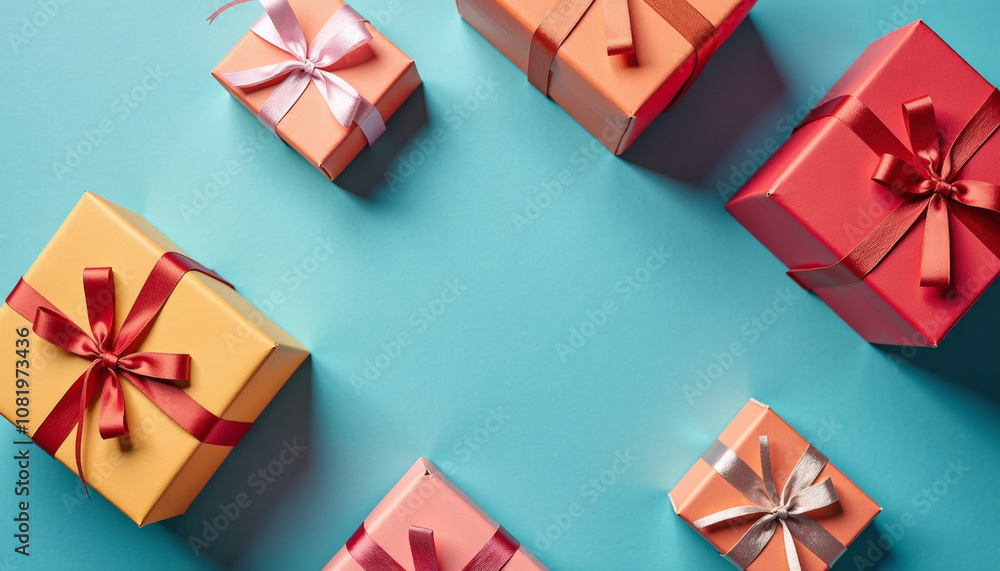 Colorful Gift Boxes on a Teal Background. Festive Gift Wrapping Ideas for Holidays and Celebrations. Colorful Gift Boxes on a Teal Background. Festive Gift Wrapping Ideas for Holidays and Celebrations.