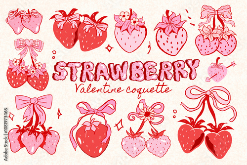 strawberry with bow coquette clipart, cute, y2k, coquette aesthetic, bows clipart, crafts Bows, Coquette, pink ribbon, Pink Coquette Ribbon Clipart Gift bow clipart clipart Decoration valentine