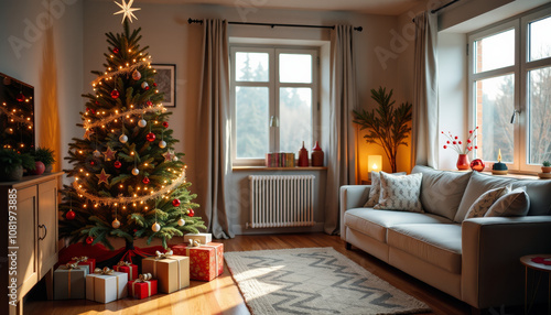 A Cozy Christmas Living Room with a Majestic Christmas Tree. A Warm and Festive Home Decor. Perfect for Holiday Celebrations.