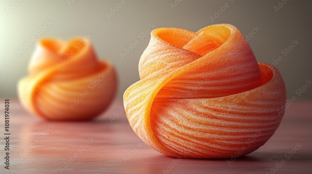 Two intricately designed orange spiral bowls on a smooth surface. Two intricately designed orange spiral bowls on a smooth surface.