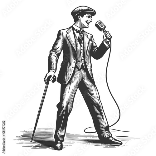 Stand up showman cheerful performer holding a vintage microphone, evoking classic entertainment and retro charm sketch engraving generative ai vector illustration. Black and white image.