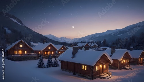 Charming winter cabins illuminated by moonlight in a serene mountain landscape at night, Christmas