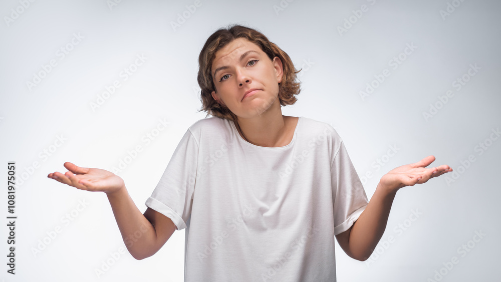 A woman in a white t-shirt shrugs her shoulders, expressing confusion or indifference, against a plain background. Perfect for themes of uncertainty, doubt, and casual reactions.