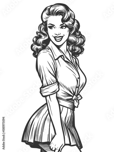 pin-up woman, smiling and dressed in a tied blouse and skirt, evoking 1950s style sketch engraving generative ai fictional character vector illustration. Scratch board imitation. Black and white image