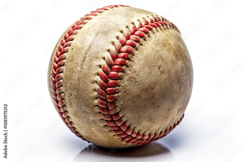 A Classic Well-Worn Baseball with Red Stitching Isolated on a White Background Perfect for Sports Themes, Vintage Collections, and Baseball Memorabilia Photography A Classic Well-Worn Baseball with Red Stitching Isolated on a White Background Perfect for Sports Themes, Vintage Collections, and Baseball Memorabilia Photography