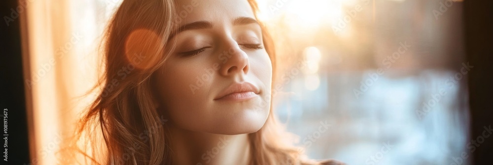 Woman with Eyes Closed in Golden Hour Sunlight Woman with Eyes Closed in Golden Hour Sunlight