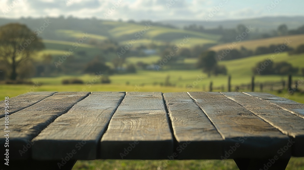 Rustic wooden table in foreground overlooking a picturesque landscape of rolling green hills and a serene sky with fluffy clouds in the background Rustic wooden table in foreground overlooking a picturesque landscape of rolling green hills and a serene sky with fluffy clouds in the background