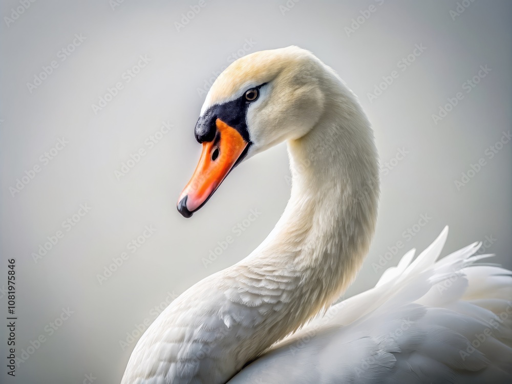 A Graceful Long-Necked White Swan in Profile Against a White Backdrop, Perfect for Nature and Wildlife Themes with Ample Copy Space for Text Integration A Graceful Long-Necked White Swan in Profile Against a White Backdrop, Perfect for Nature and Wildlife Themes with Ample Copy Space for Text Integration